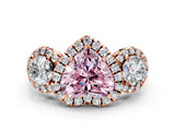 Rose gold Fancy Pink Heart Cut Diamond Three-Stone Halo Ring with Prong Setting and Pavé Accents