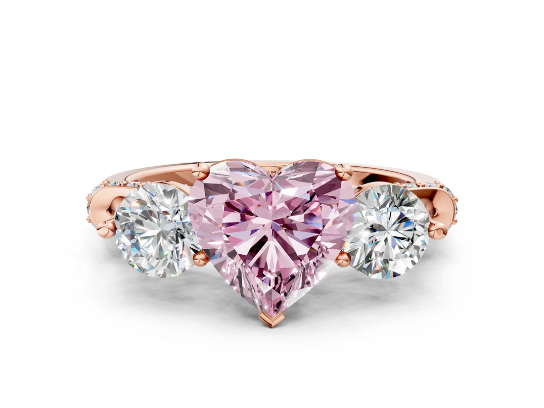Rose gold Fancy Pink Heart Cut Diamond Three-Stone Ring with Prong Setting and Pavé Band