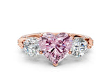 Rose gold Fancy Pink Heart Cut Diamond Three-Stone Ring with Prong Setting and Pavé Band