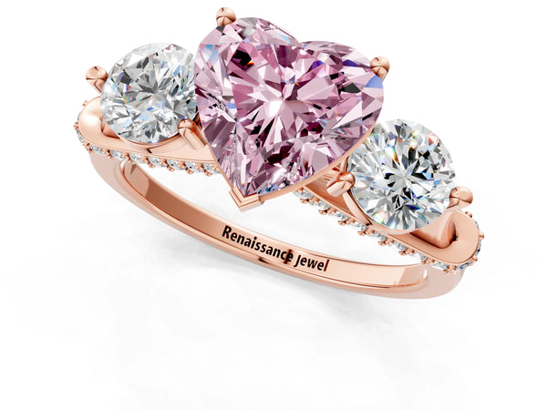 Rose Gold Heart-Shaped Curved Pave Three Stone Engagement Ring Setting for Fancy Pink Center