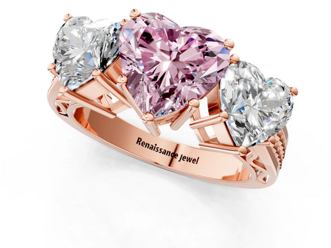 Rose gold Fancy Pink Heart Cut Diamond Three-Stone Ring with Prong Setting and Textured Band_1