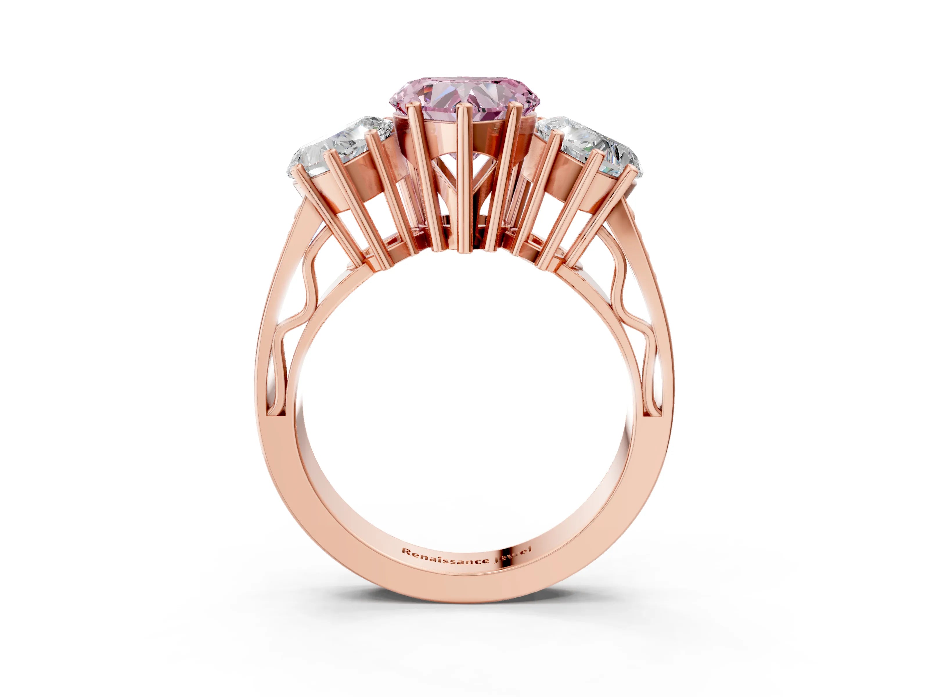 Rose gold Fancy Pink Heart Cut Diamond Three-Stone Ring with Prong Setting and Textured Band_3