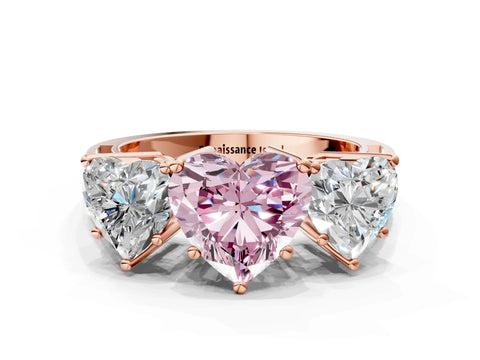 Rose gold Fancy Pink Heart Cut Diamond Three-Stone Ring with Prong Setting and Textured Band