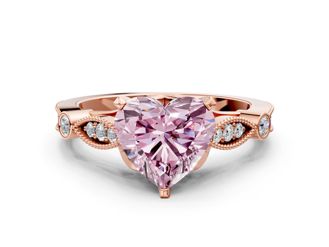 Rose gold Fancy Pink Heart  Cut Diamond with Milgrain Marquise and Bezel Accents on a Solitaire Band with Prong Setting_197
