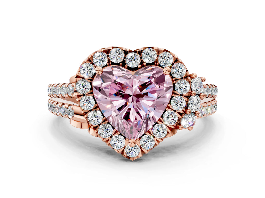 Rose gold Fancy Pink Heart  Cut Double Halo Diamond Engagement Ring with Pave Band and Four-Prong Setting