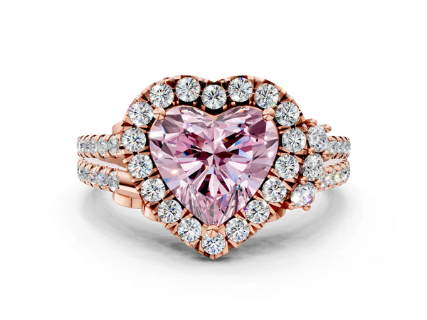 Rose gold Fancy Pink Heart  Cut Double Halo Diamond Engagement Ring with Pave Band and Four-Prong Setting