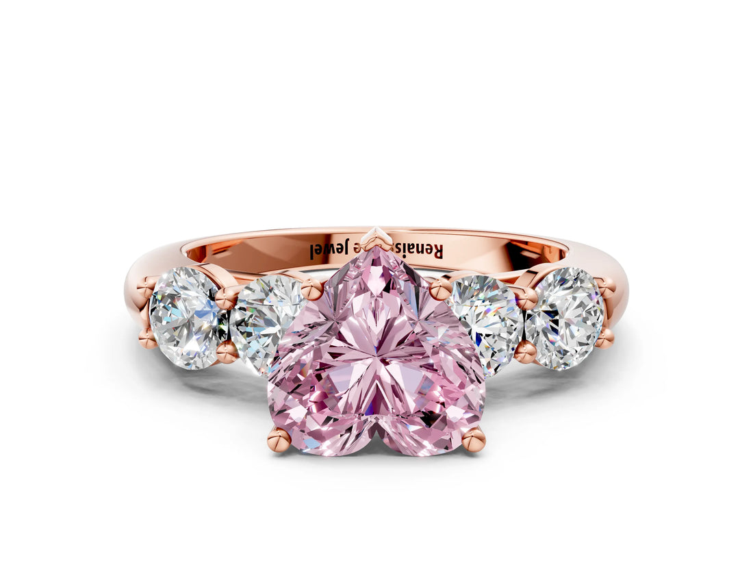 Rose gold Fancy Pink Heart  Cut Five-Stone Prong Set Diamond Ring with Classic Band_31