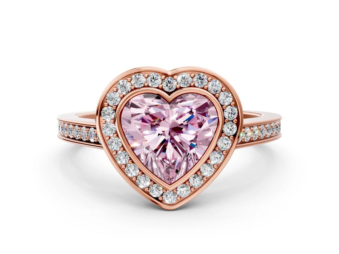 Rose gold Fancy Pink Heart Cut Halo Bezel Diamond Pave Band Ring