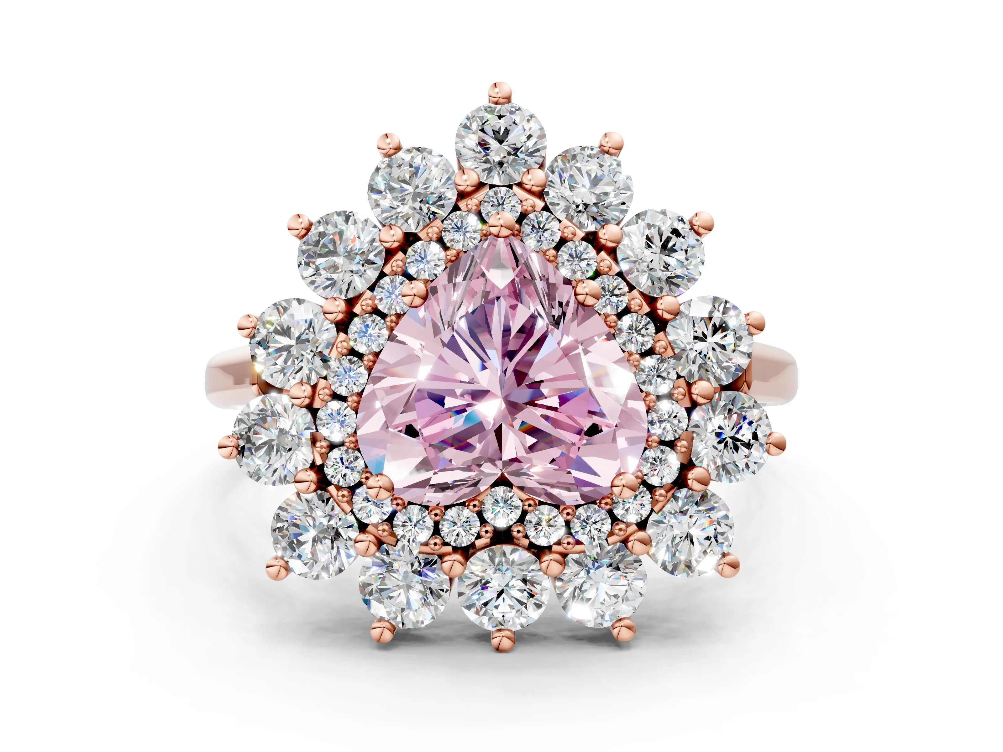 Rose gold Fancy Pink Heart Cut Halo Cluster Diamond Ring with Pave Band and Four-Prong Setting