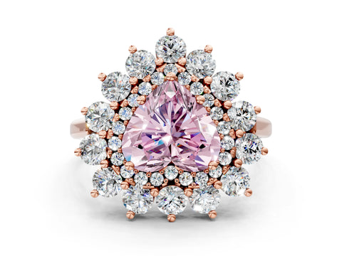 Rose gold Fancy Pink Heart Cut Halo Cluster Diamond Ring with Pave Band and Four-Prong Setting