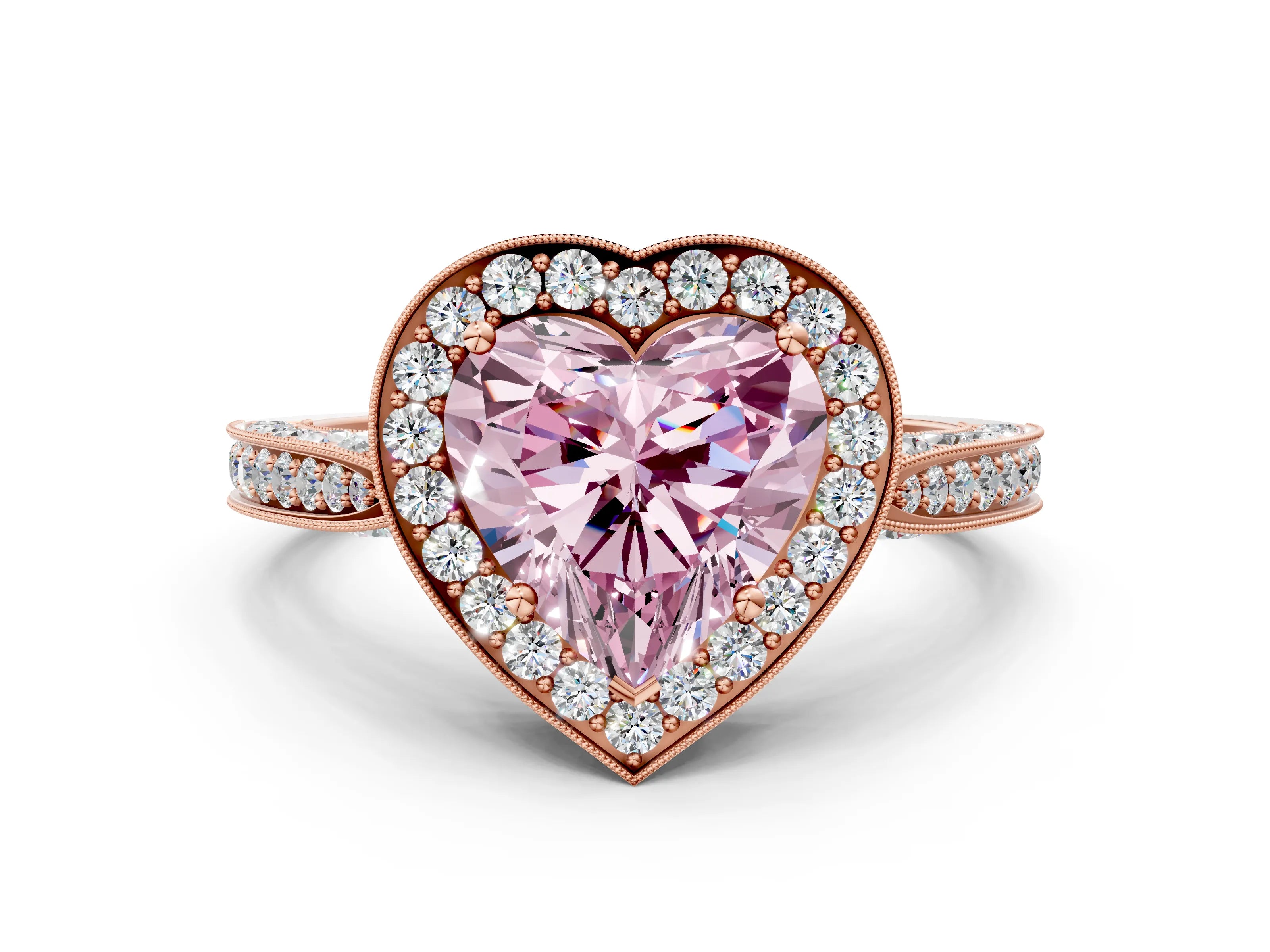 Rose gold Fancy Pink Heart Cut Halo Diamond Engagement Ring with Split Shank Band and Four-Prong Setting