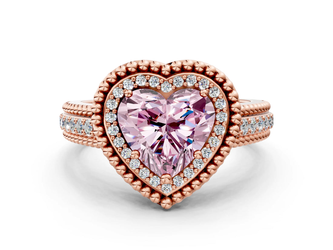 Rose gold Fancy Pink Heart Cut Halo Diamond Ring with Beaded Split Shank and Four-Prong Setting