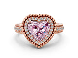 Rose gold Fancy Pink Heart Cut Halo Diamond Ring with Beaded Split Shank and Four-Prong Setting