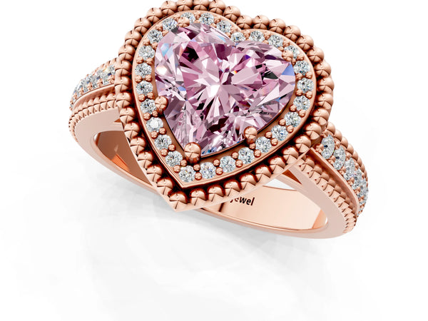 Rose Gold Heart-Shaped Beaded Halo Engagement Ring Setting for Fancy Pink Center with Pave