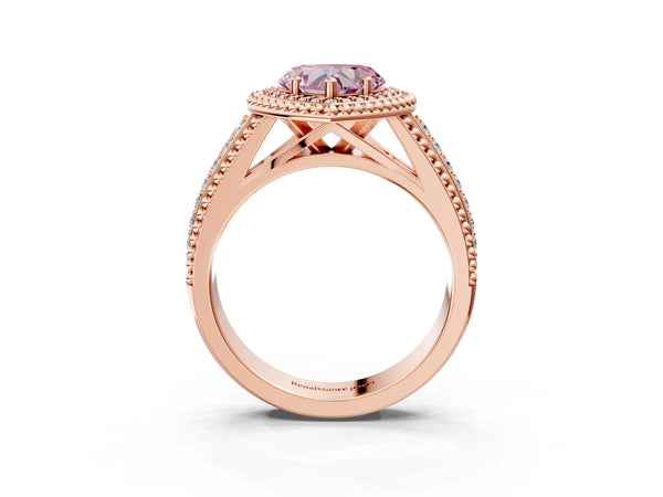Rose Gold Heart-Shaped Beaded Halo Engagement Ring Setting for Fancy Pink Center with Pave