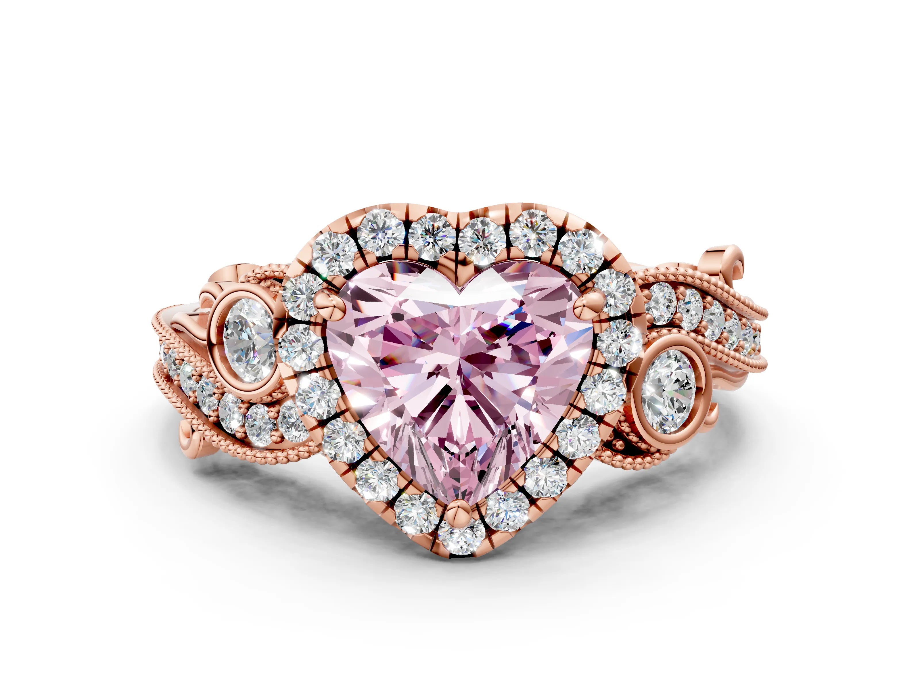 Rose gold Fancy Pink Heart Cut Halo Diamond Ring with Milgrain and Bezel Accents on a Split Shank Band