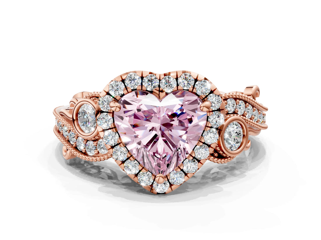Rose gold Fancy Pink Heart Cut Halo Diamond Ring with Milgrain and Bezel Accents on a Split Shank Band_12