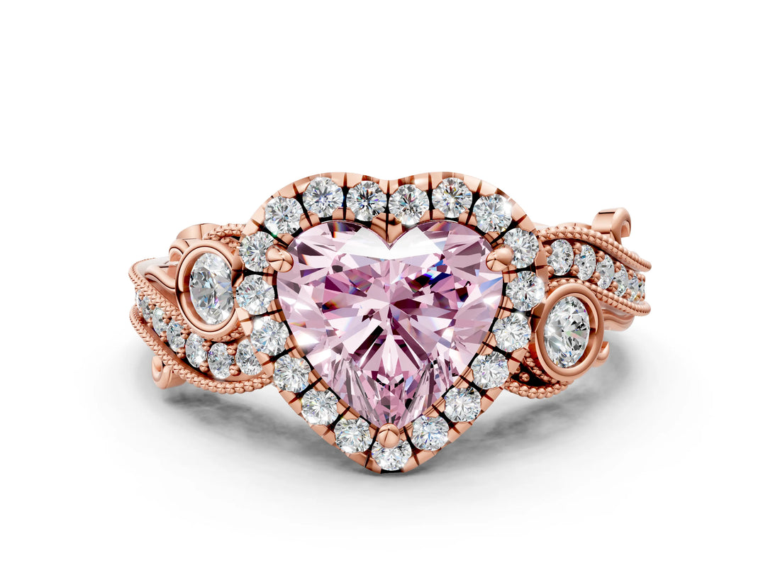 Rose gold Fancy Pink Heart Cut Halo Diamond Ring with Milgrain and Bezel Accents on a Split Shank Band_24