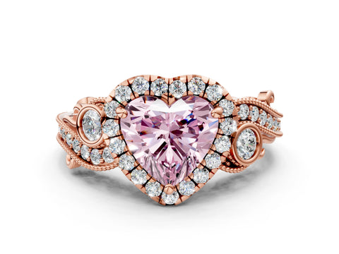 Rose gold Fancy Pink Heart Cut Halo Diamond Ring with Milgrain and Bezel Accents on a Split Shank Band
