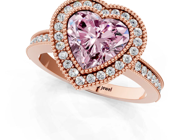 Rose gold Fancy Pink Heart  Cut Halo Diamond Ring with Pavé Band and Milgrain Prong Setting