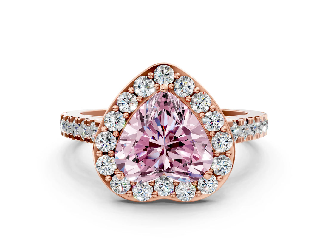 Rose gold Fancy Pink Heart Cut Halo Diamond Ring with Pavé Band and Three-Prong Setting