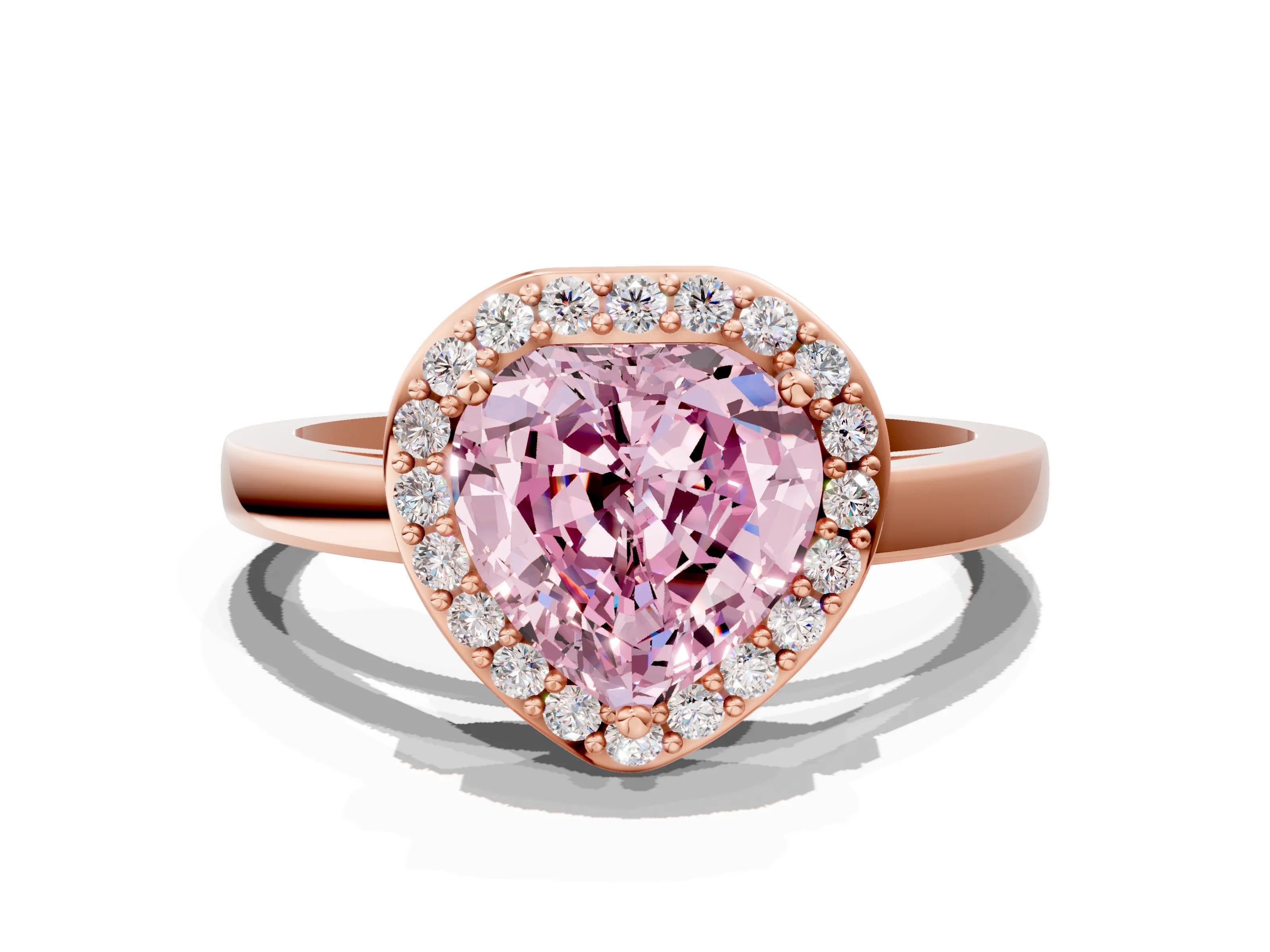 Rose gold Fancy Pink Heart Cut Halo Diamond Ring with Solitaire Band and Prong Setting