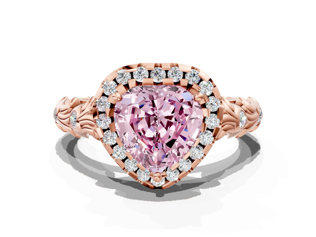 Rose gold Fancy Pink Heart Cut Halo Diamond Solitaire with Filigree Band and Four-Prong Setting