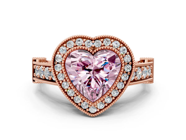 Rose Gold Heart-Shaped Vintage Bezel Halo Engagement Ring Setting for Fancy Pink Center