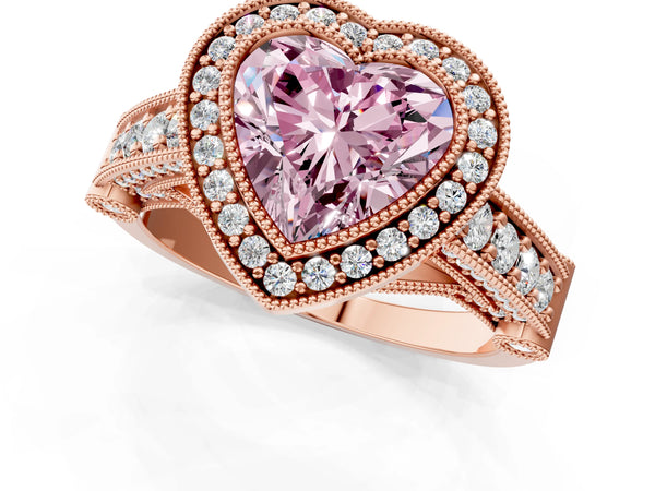 Rose Gold Heart-Shaped Vintage Bezel Halo Engagement Ring Setting for Fancy Pink Center