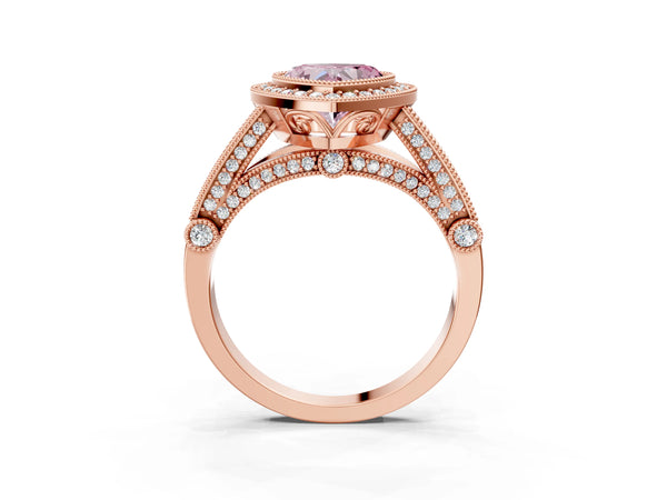 Rose Gold Heart-Shaped Vintage Bezel Halo Engagement Ring Setting for Fancy Pink Center