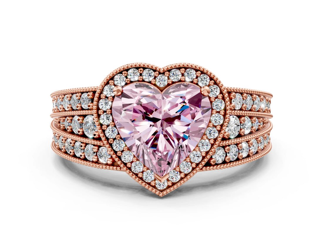 Rose gold Fancy Pink Heart Cut Halo Diamond Split Shank Ring with Prong Setting_12