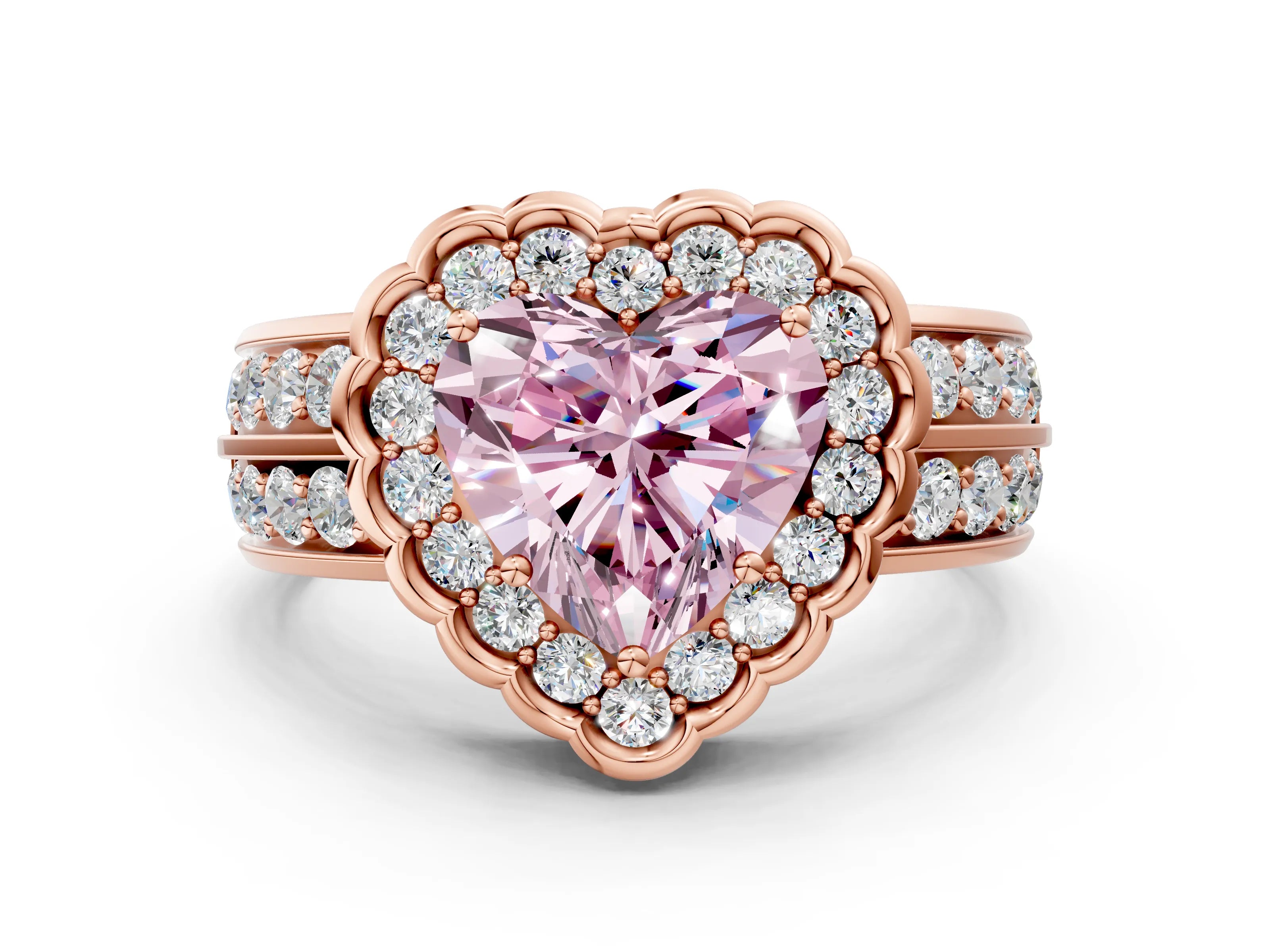 Rose gold Fancy Pink Heart Cut Halo Diamond Split Shank Ring with Scalloped Prong Setting