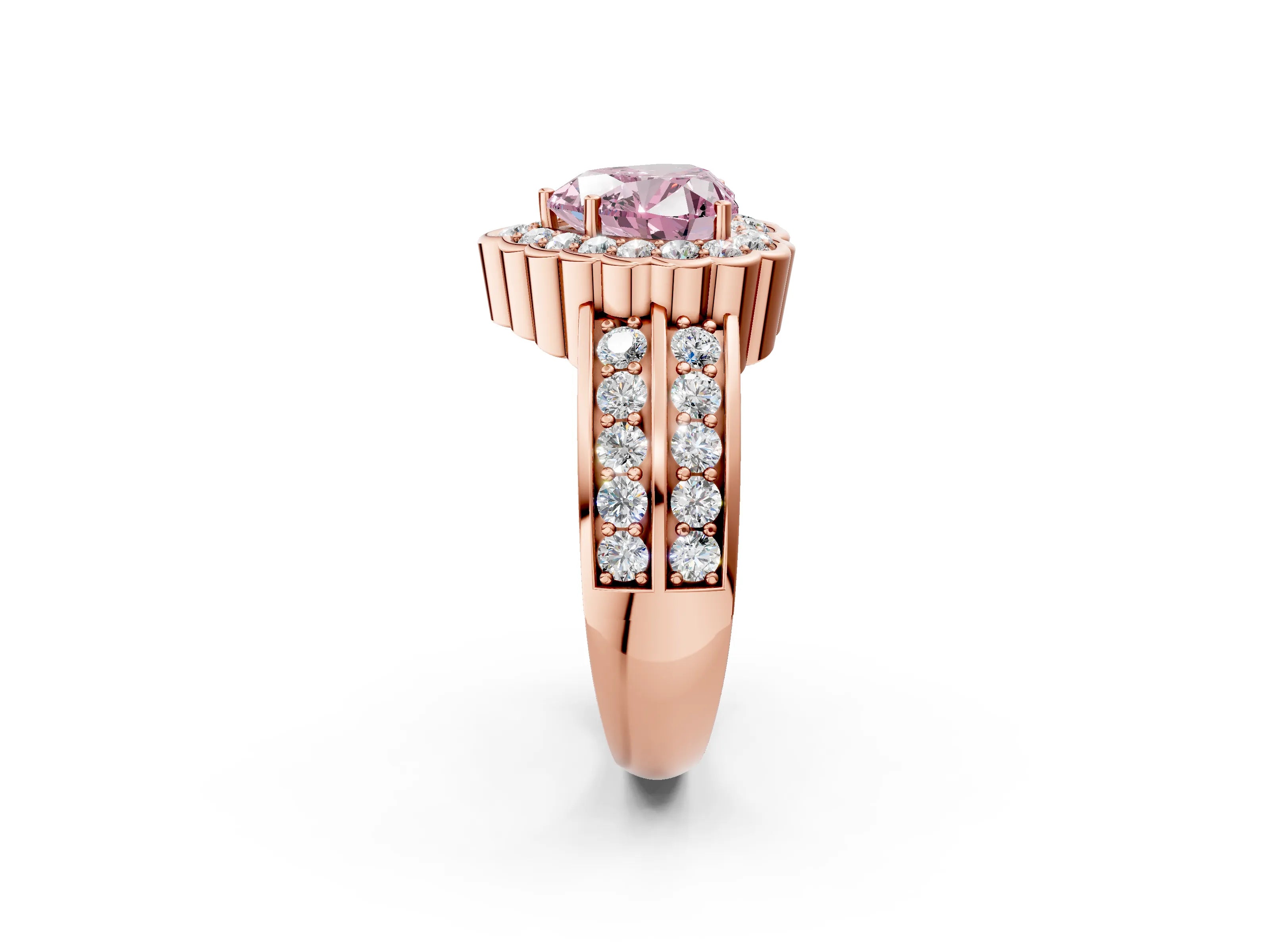 Rose gold Fancy Pink Heart Cut Halo Diamond Split Shank Ring with Scalloped Prong Setting_2