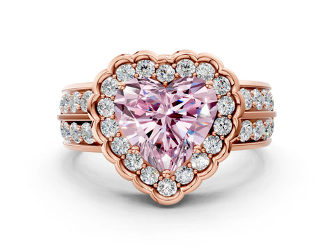 Rose gold Fancy Pink Heart Cut Halo Diamond Split Shank Ring with Scalloped Prong Setting
