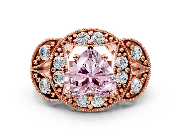 Rose gold Fancy Pink Heart Cut Halo Milgrain Diamond Engagement Ring with Leaf Band and Four-Prong Setting
