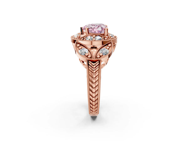 Rose gold Fancy Pink Heart Cut Halo Milgrain Diamond Engagement Ring with Leaf Band and Four-Prong Setting
