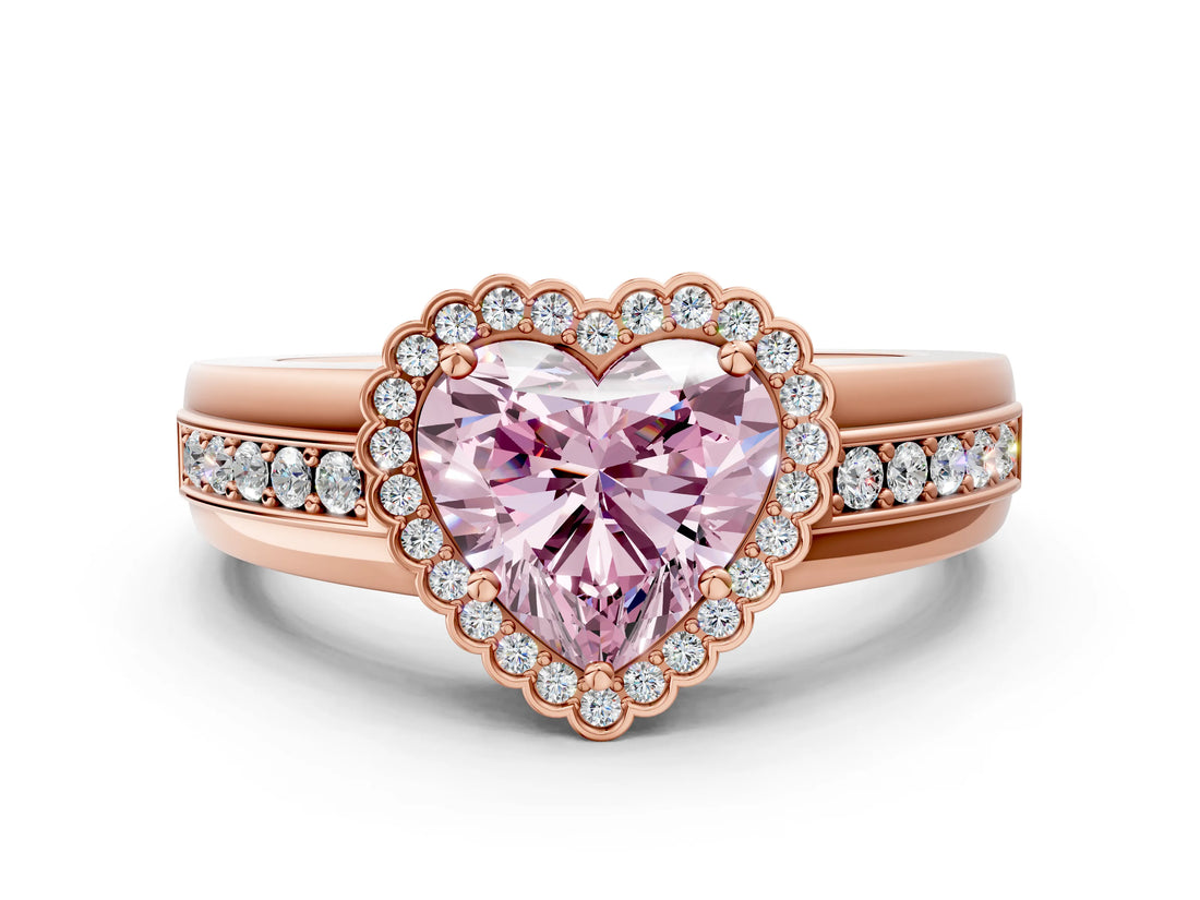 Rose gold Fancy Pink Heart  Cut Halo Pave Band Four-Prong Ring_49