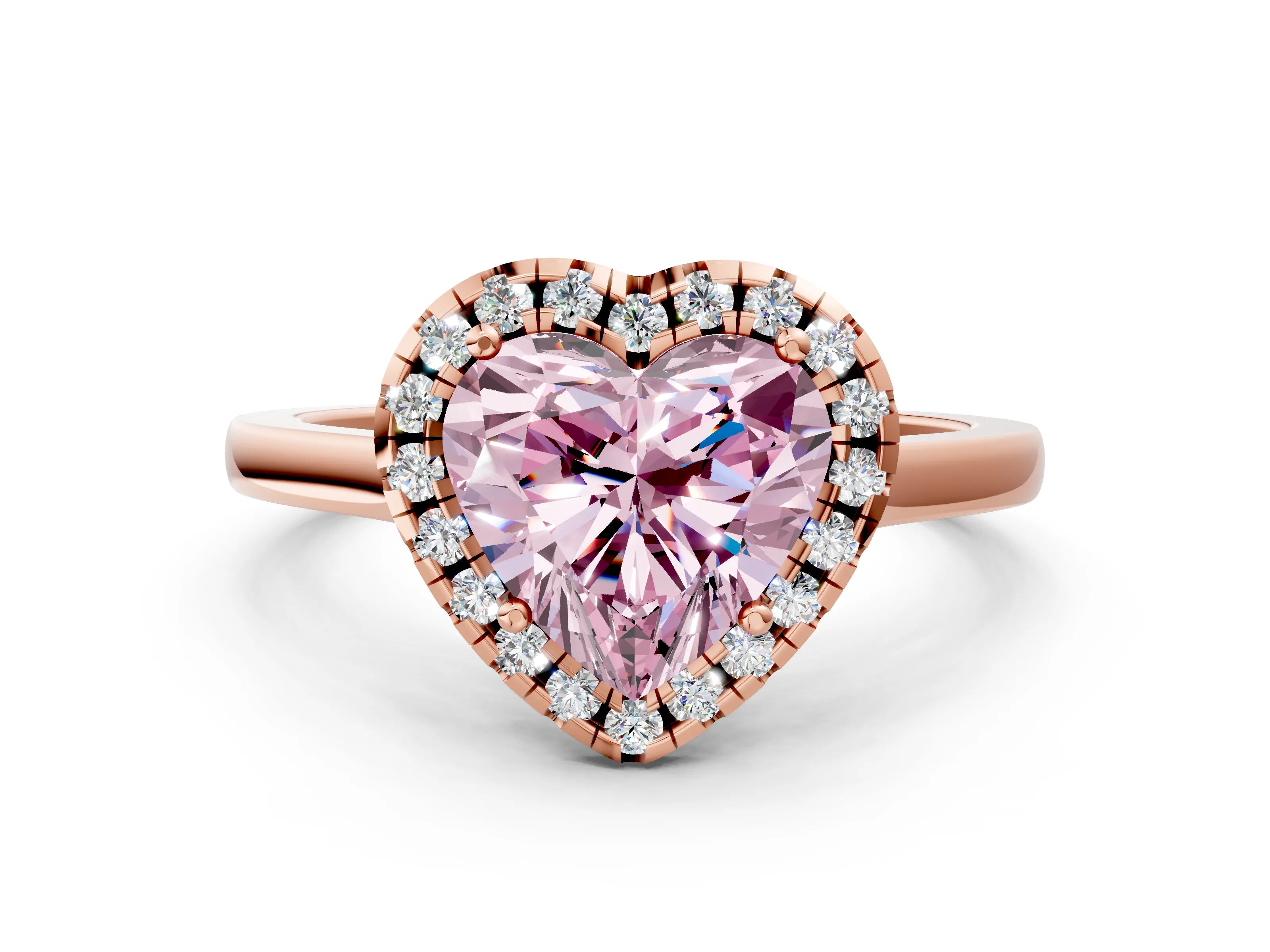 Rose gold Fancy Pink Heart Cut Halo Round Diamond Solitaire Ring with Pavé Band and Four-Prong Setting_12