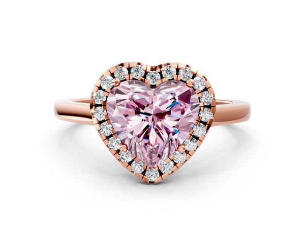 Rose gold Fancy Pink Heart Cut Halo Round Diamond Solitaire Ring with Pavé Band and Four-Prong Setting