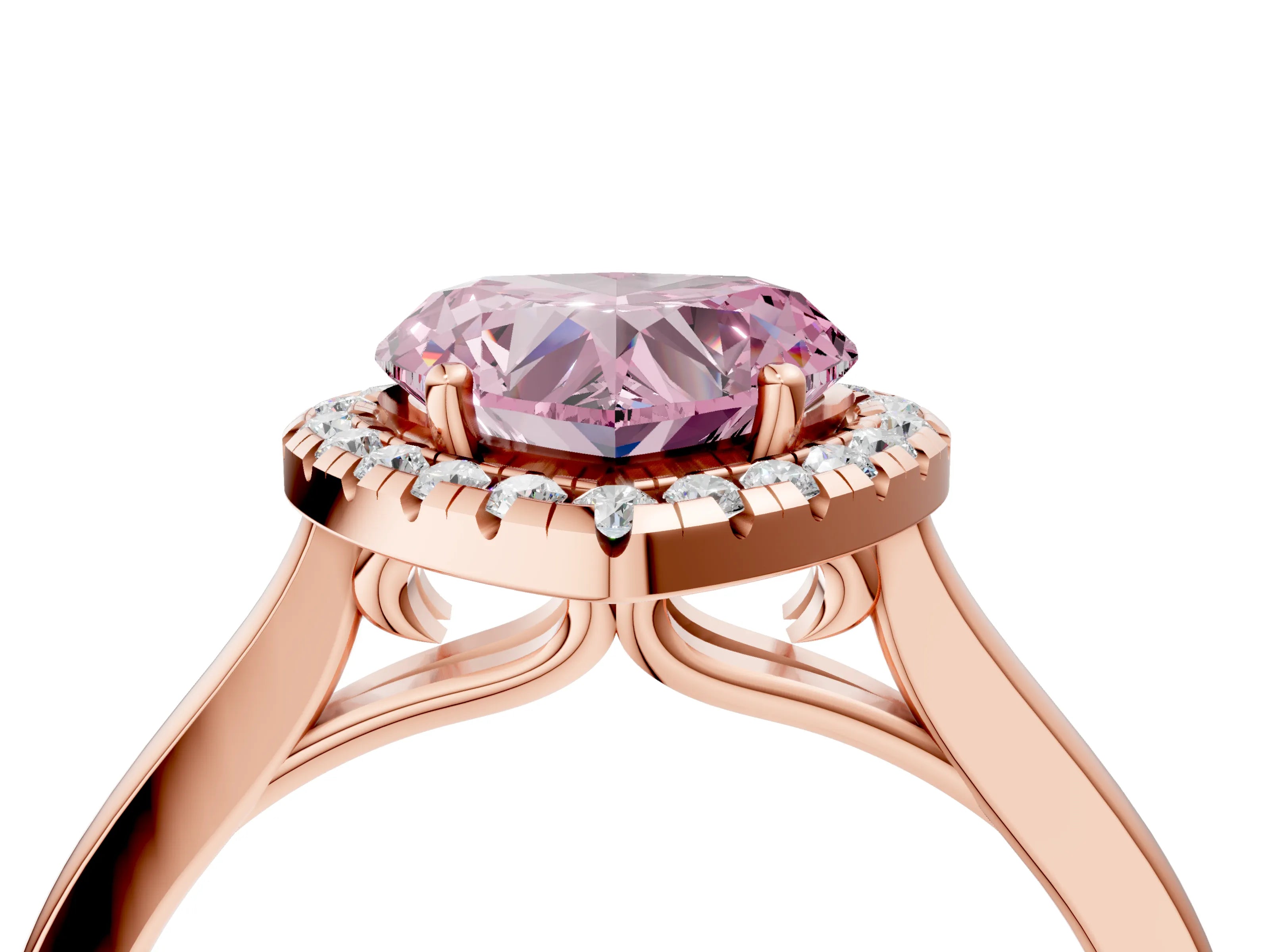 Rose gold Fancy Pink Heart Cut Halo Round Diamond Solitaire Ring with Pavé Band and Four-Prong Setting_16