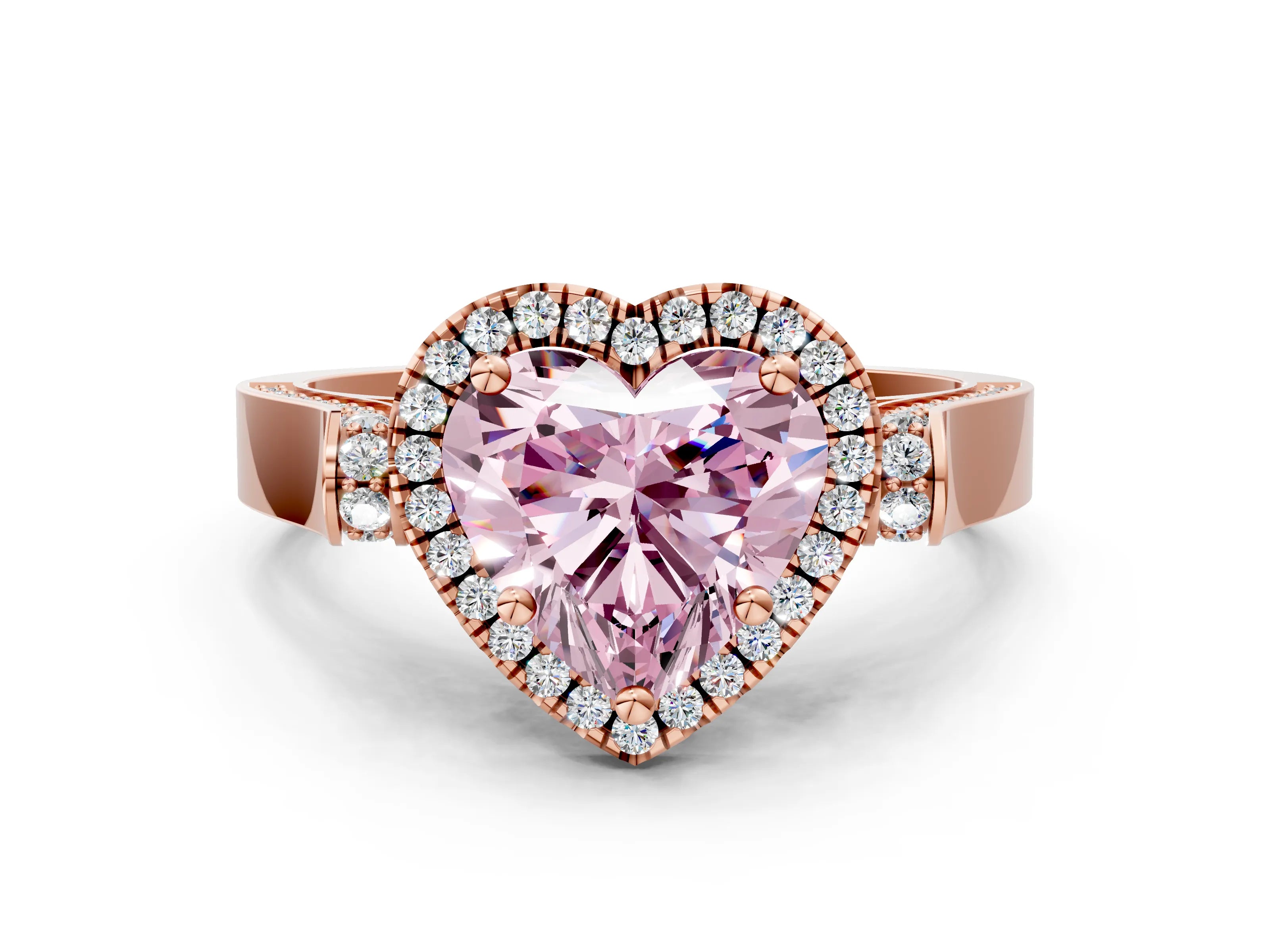 Rose gold Fancy Pink Heart Cut Halo Round Diamond Twist Band with Four-Prong Setting
