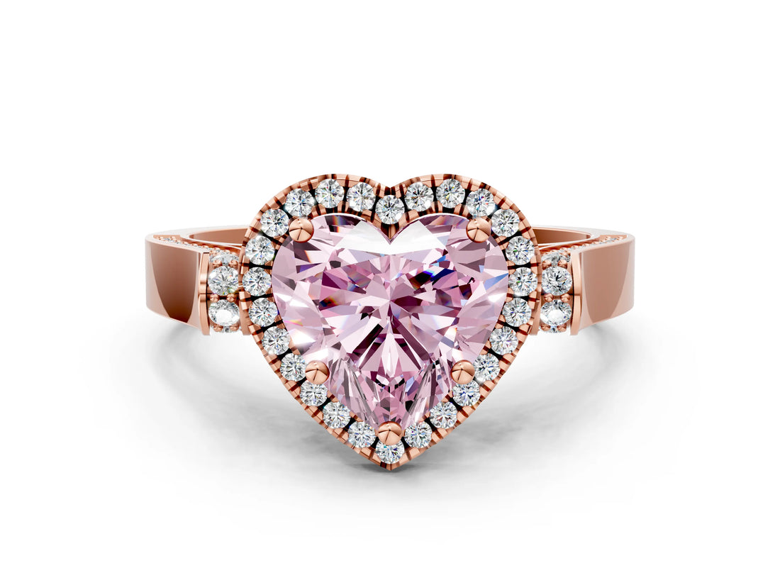 Rose gold Fancy Pink Heart Cut Halo Round Diamond Twist Band with Four-Prong Setting