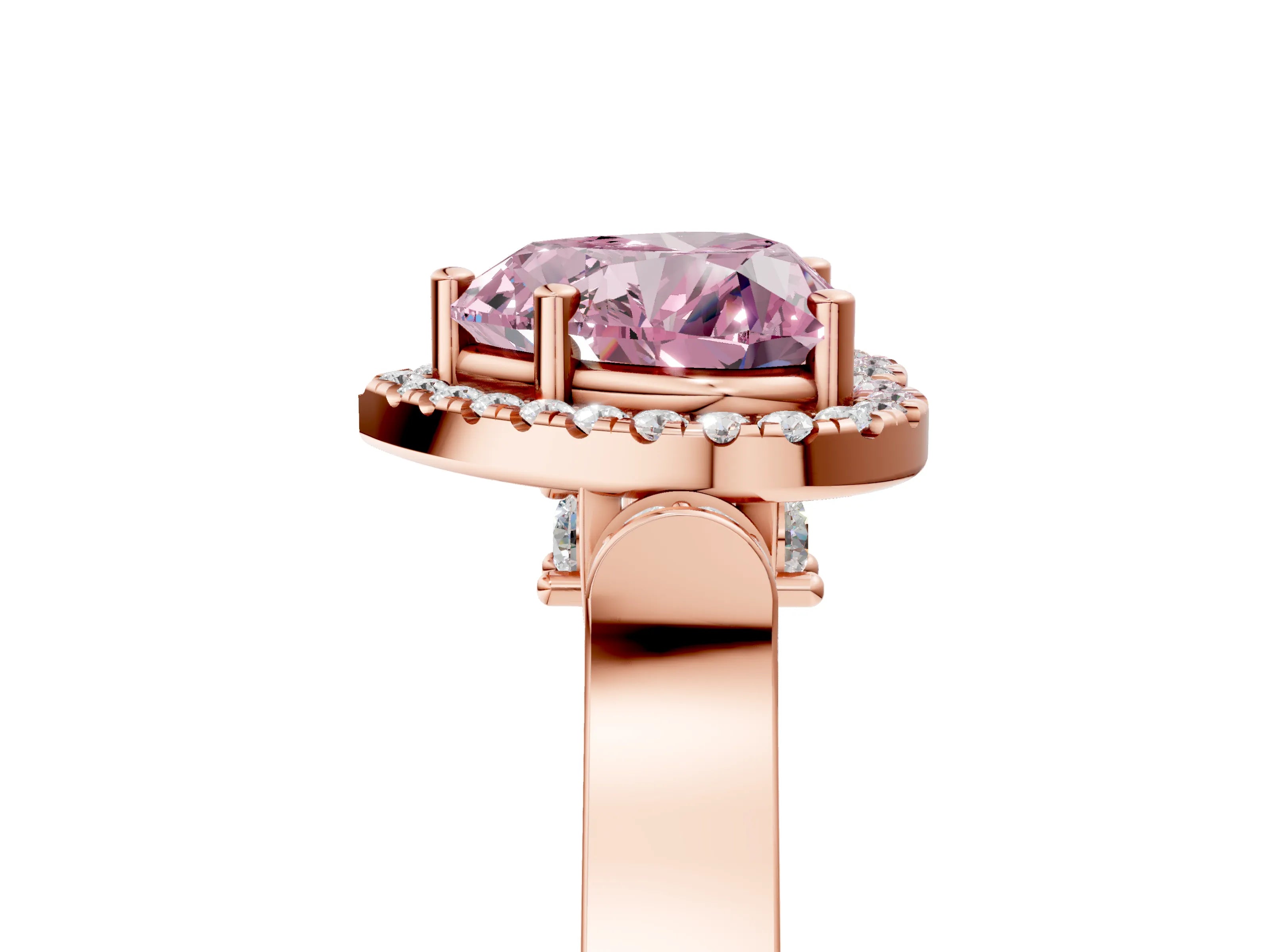 Rose gold Fancy Pink Heart Cut Halo Round Diamond Twist Band with Four-Prong Setting_5