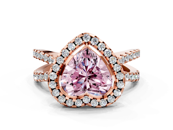 Rose gold Fancy Pink Heart Cut Diamond Halo Ring with Split Shank Pavé Band and Prong Setting