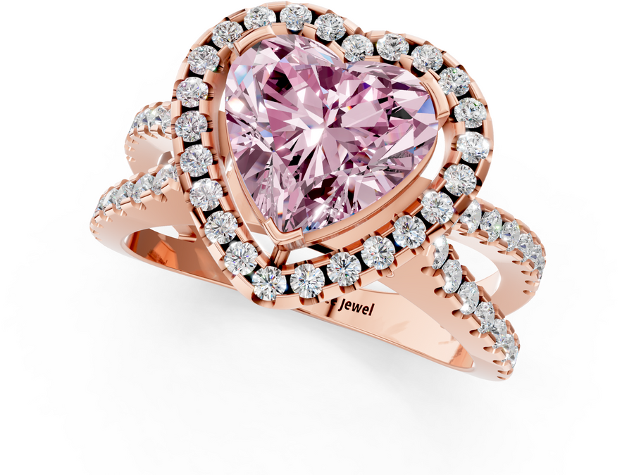 Rose gold Fancy Pink Heart Cut Diamond Halo Ring with Split Shank Pavé Band and Prong Setting
