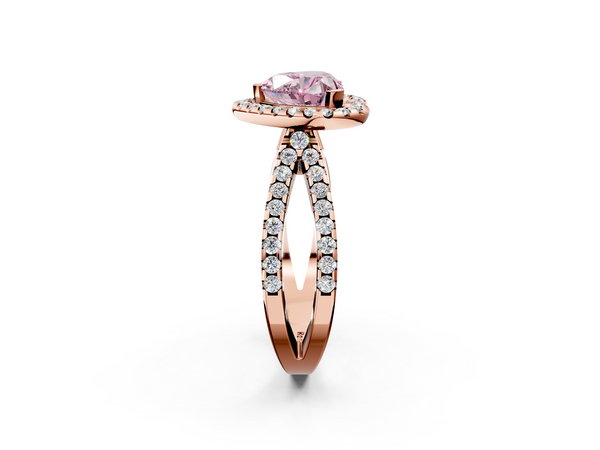 Rose gold Fancy Pink Heart Cut Diamond Halo Ring with Split Shank Pavé Band and Prong Setting