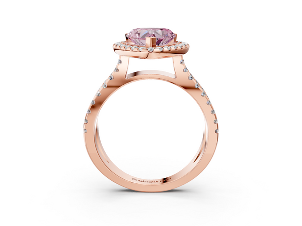 Rose gold Fancy Pink Heart Cut Diamond Halo Ring with Split Shank Pavé Band and Prong Setting