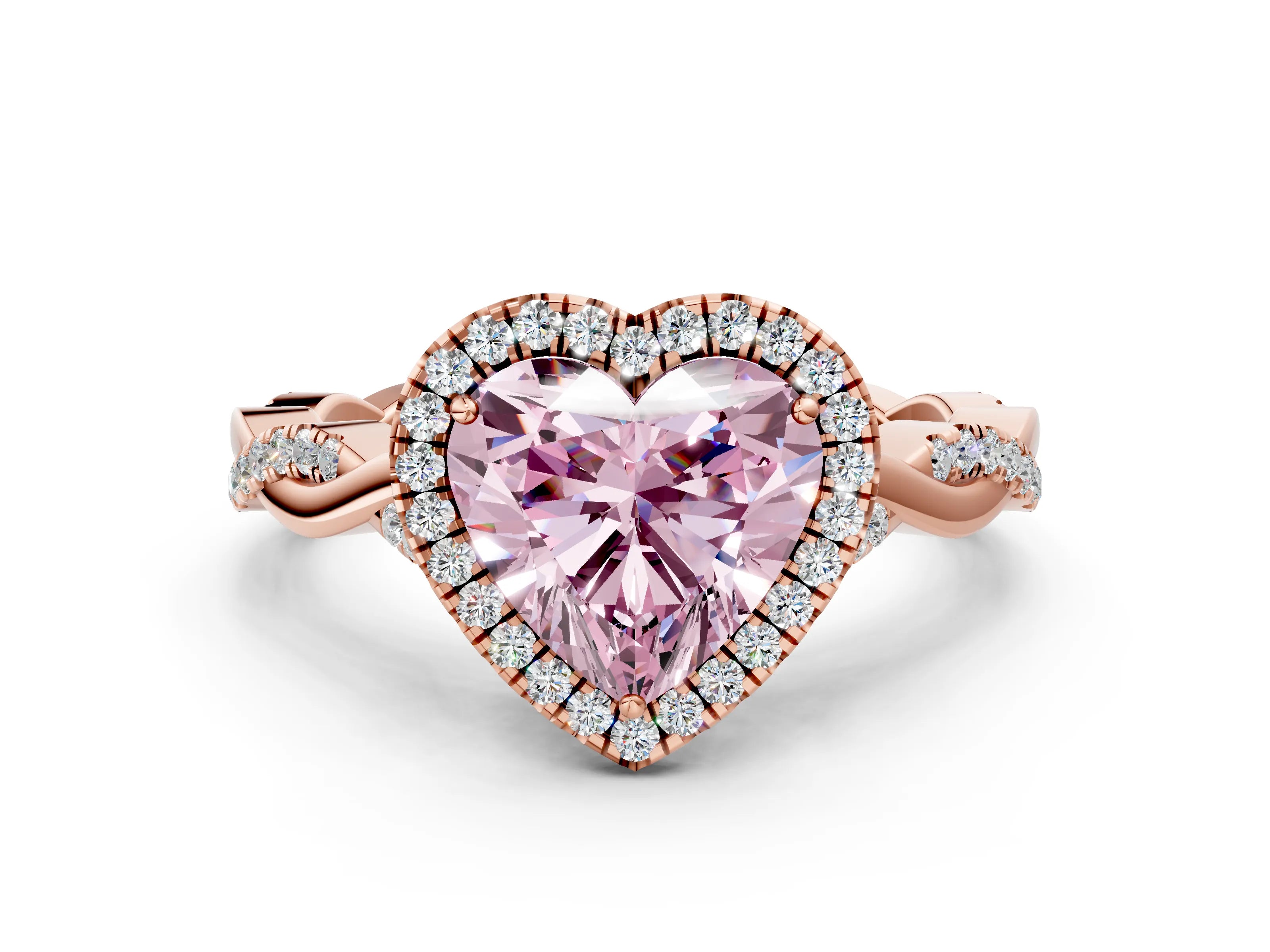 Rose gold Fancy Pink Heart Cut Halo Twist Band with Four-Prong Setting