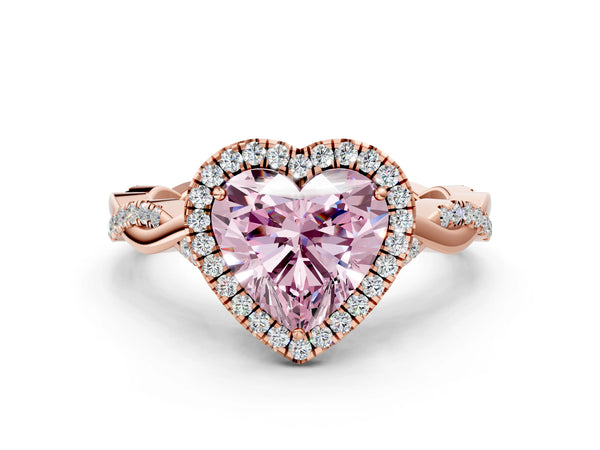 Rose gold Fancy Pink Heart Cut Halo Twist Band with Four-Prong Setting