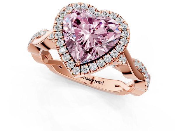 Rose gold Fancy Pink Heart Cut Halo Twist Band with Four-Prong Setting